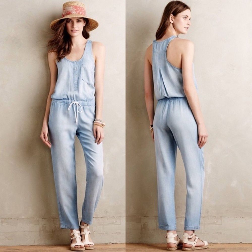 Cloth & Stone Distressed Soft Chambray‎ Crop Jumpsuit Sz S